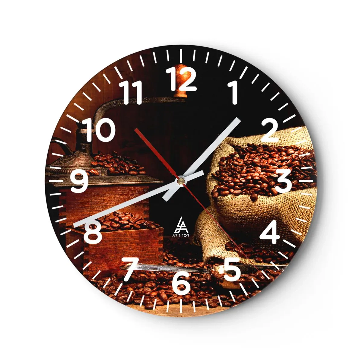 Väggklocka - Klocka på glas - Stilleben med kaffebönor och kvarn - 40x40 cm
