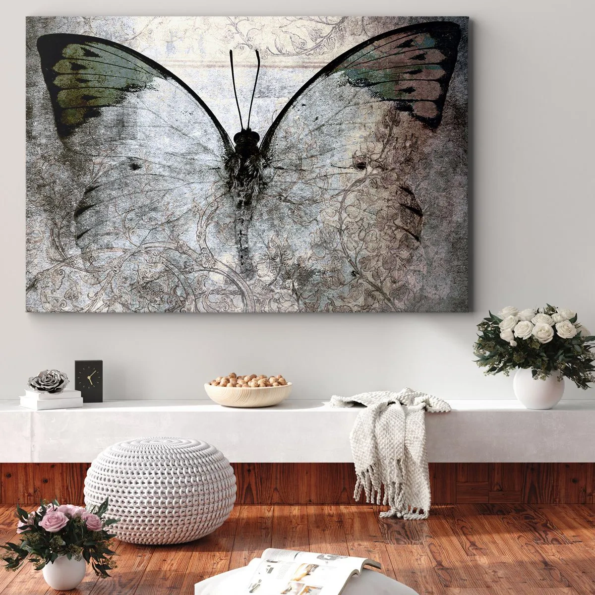 Canvastavla - Bild på duk - En fjäril i nyanser av grönt och grått på en dekorativ bakgrund - 70x50cm - I Jugendstil - Modern väggdekoration för vardagsrum och sovrum ARTTOR