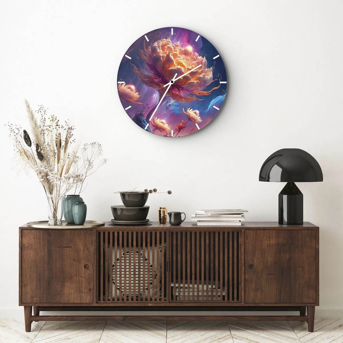 Väggklocka - Klocka på glas - En fantastisk blomma upplyst i ett kosmiskt landskap - 30x30cm - En annan värld - Modern väggdekoration för vardagsrum, kök och sovrum ARTTOR