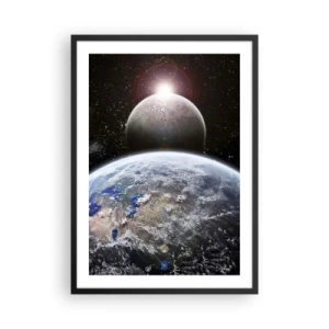 Affisch i svart ram - Planeterna jorden och månen i rymden - 50x70cm - Rymdlandskap - soluppgång - Modern väggdekoration för vardagsrum och sovrum ARTTOR