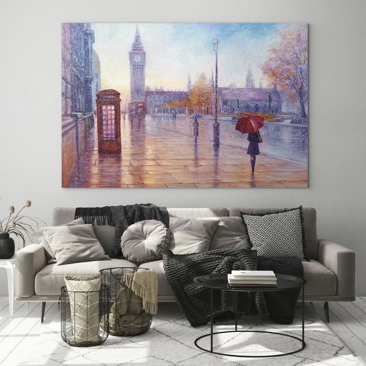 Glastavla - Bild på glas - Londonscen i regnet med Big Ben och den röda lådan - 70x50cm - Höstdag i London - Modern väggdekoration för vardagsrum och sovrum ARTTOR