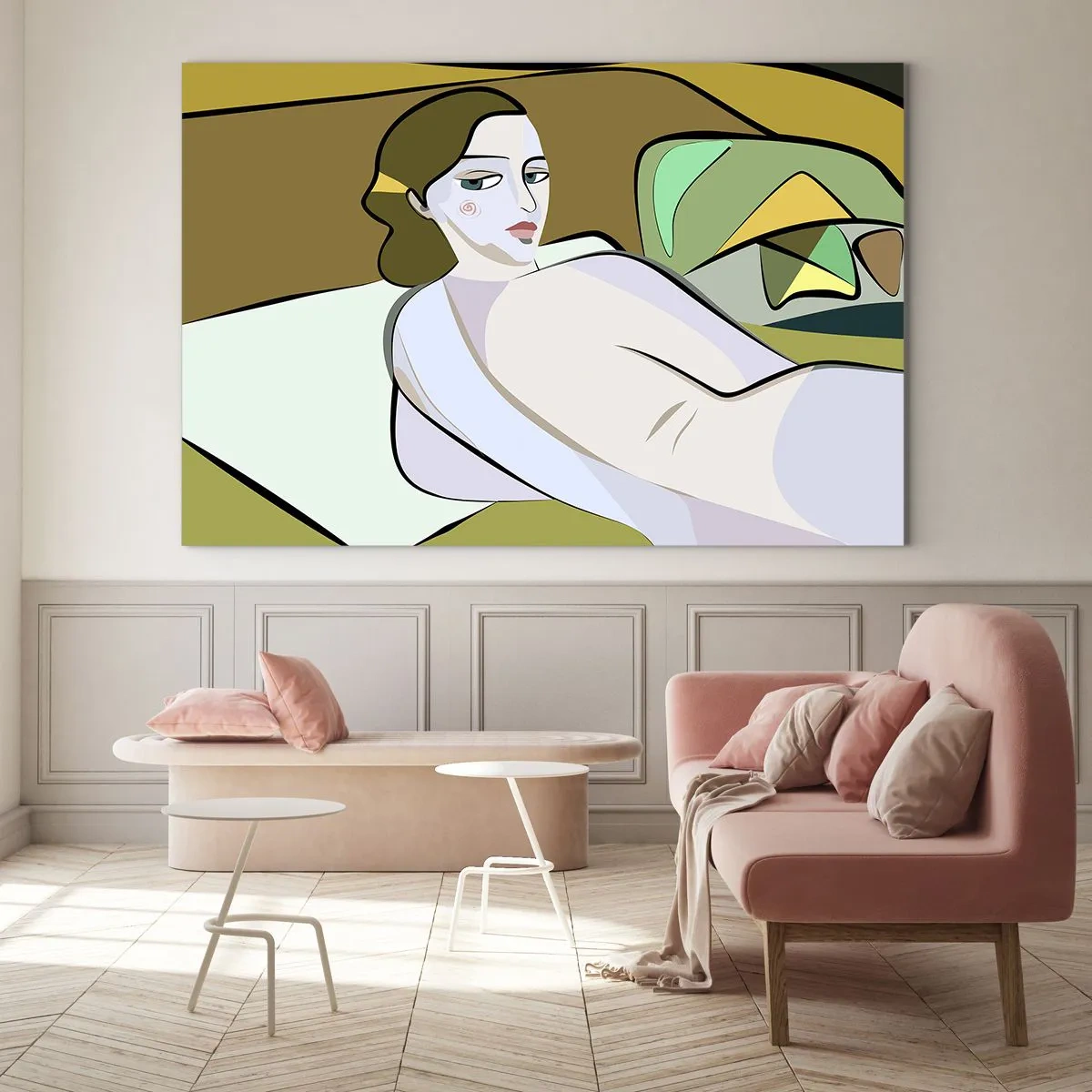 Glastavla - Bild på glas - Kvinnlig silhuett i abstrakt stil med geometrisk bakgrund - 70x50cm - Intim porträtt - Modern väggdekoration för vardagsrum och sovrum ARTTOR