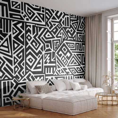 Fototapet Premium Canvas - Prekolumbisk komposition - Abstraktion, Bit, Svartvitt - 350x256 cm