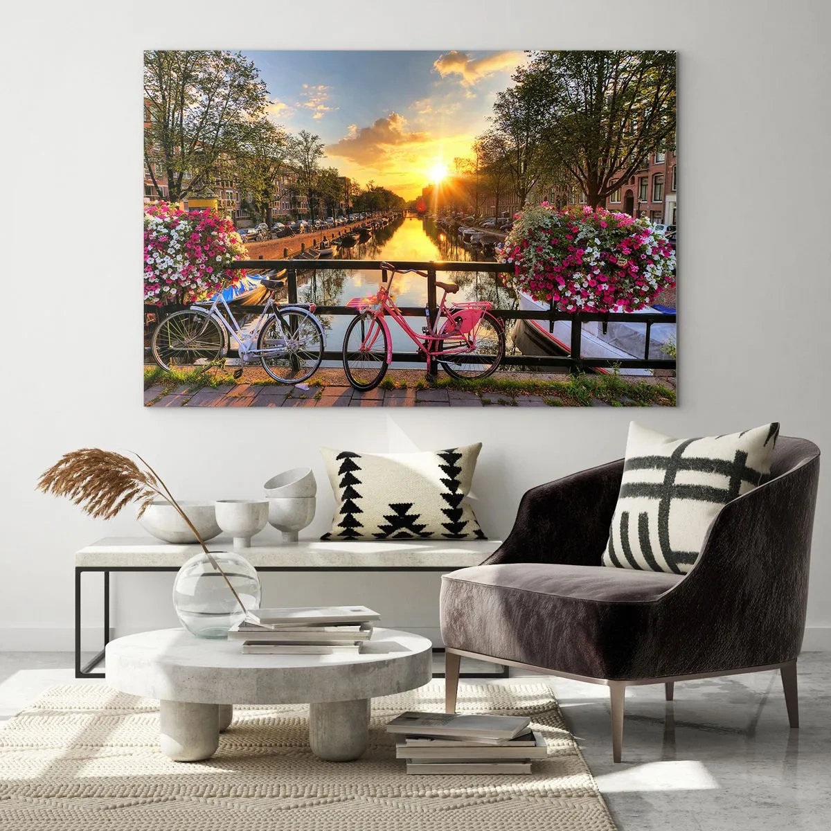 Glastavla - Bild på glas - Vårmorgon i Amsterdam - 120x80 cm