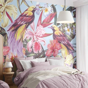 Fototapet Premium Sand - Flingor och fjädrar - Fågel, Blommor, Trädgård - 300x210 cm