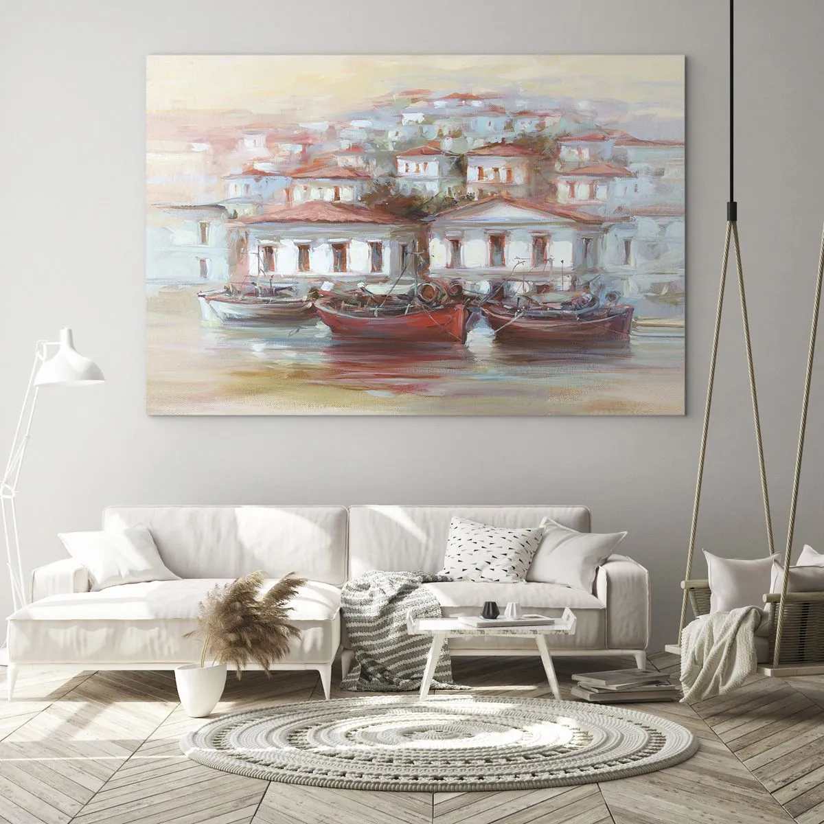 Glastavla - Bild på glas - En pittoresk stad med båtar i hamnen vid solnedgången - 70x50cm - Lycklig stad - Modern väggdekoration för vardagsrum och sovrum ARTTOR