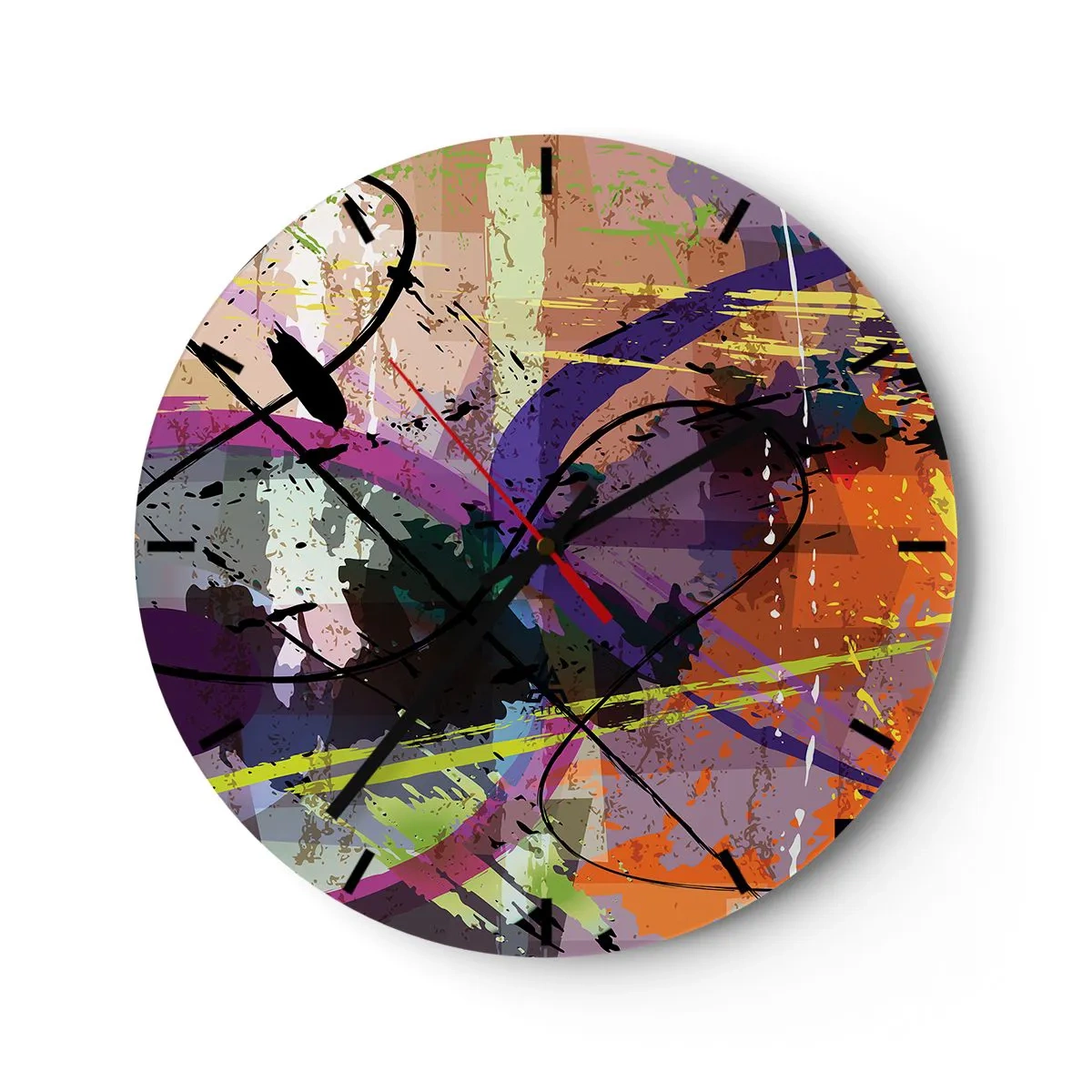 Väggklocka - Klocka på glas - Färgglada abstrakta linjer och fläckar i modern stil - 30x30cm - Rakt fram eller runt - Modern väggdekoration för vardagsrum, kök och sovrum ARTTOR