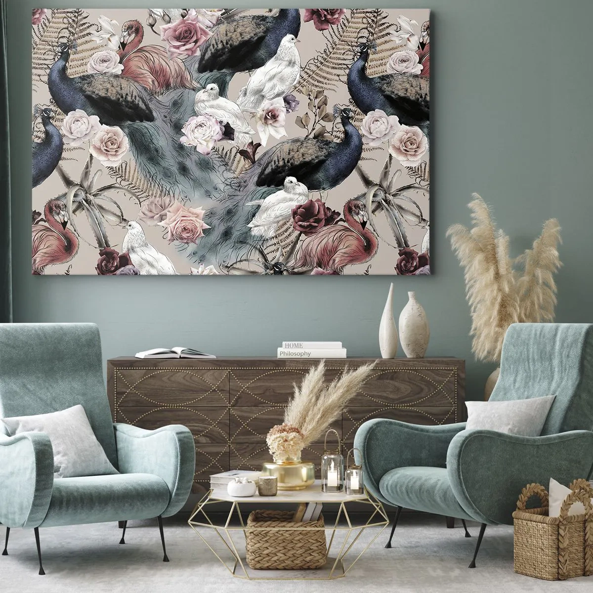 Canvastavla - Bild på duk - Ett landskap med påfågelfjädrar, rosor och fåglar i romantisk stil. - 70x50cm - I palatsträdgården - Modern väggdekoration för vardagsrum och sovrum ARTTOR