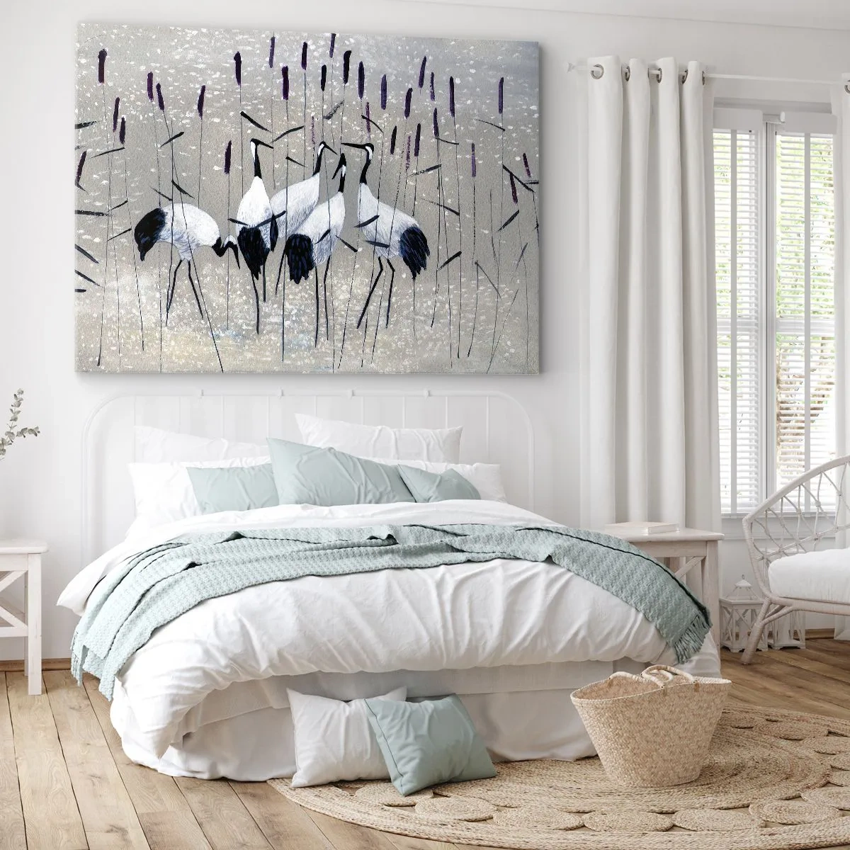 Canvastavla - Bild på duk - Hägrar i gräset mot en fridfull bakgrund - 70x50cm - Bland sina - Modern väggdekoration för vardagsrum och sovrum ARTTOR