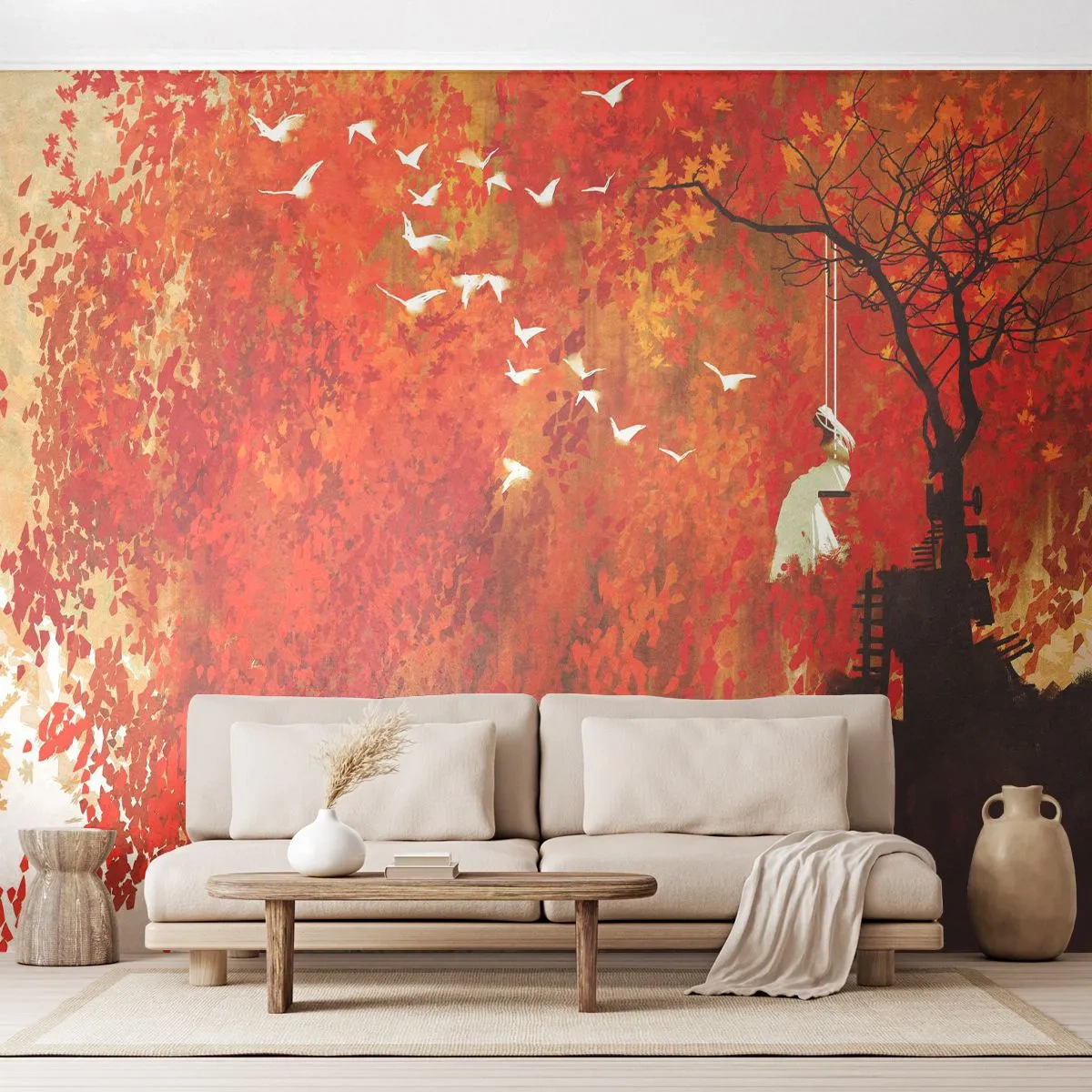 Fototapet Premium Canvas - Flyger hon med oss? - Abstraktion, Kvinna, Fåglar - 300x210 cm