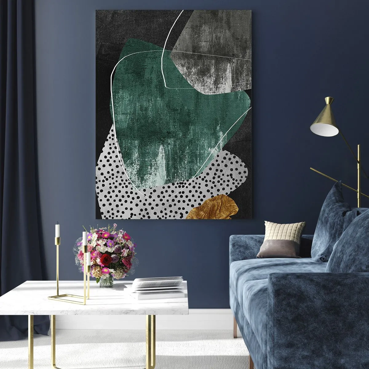 Glastavla - Bild på glas - Färgstark abstraktion med en guldflinga - 80x120 cm