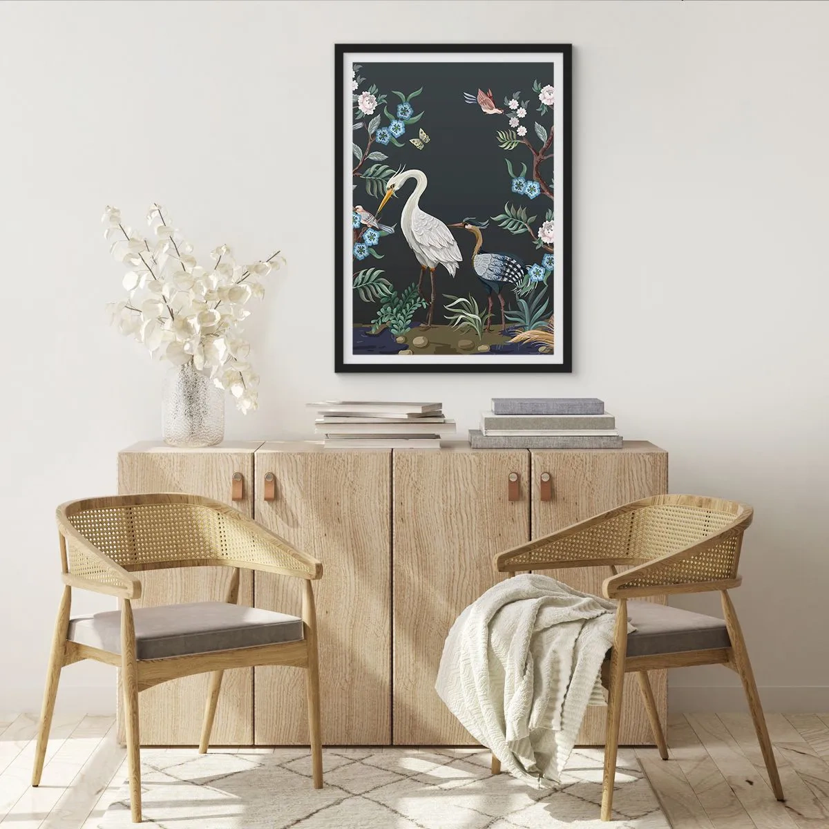 Affisch i svart ram - Illustration av fåglar bland blommor på en mörk bakgrund - 50x70cm - Fågelparad - Modern väggdekoration för vardagsrum och sovrum ARTTOR