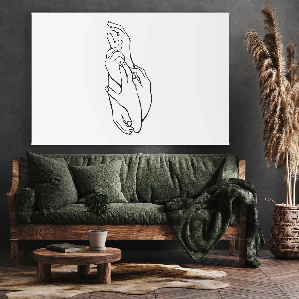 Canvastavla - Bild på duk - En minimalistisk skiss av händer knäppta i en gest av delikatess. - 70x50cm - Hand i hand - Modern väggdekoration för vardagsrum och sovrum ARTTOR