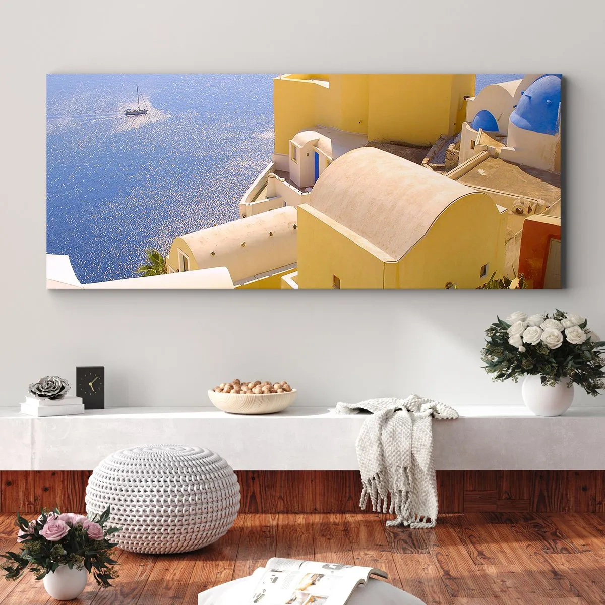 Canvastavla - Bild på duk - Grekiskt landskap i vit och blå - 100x40 cm