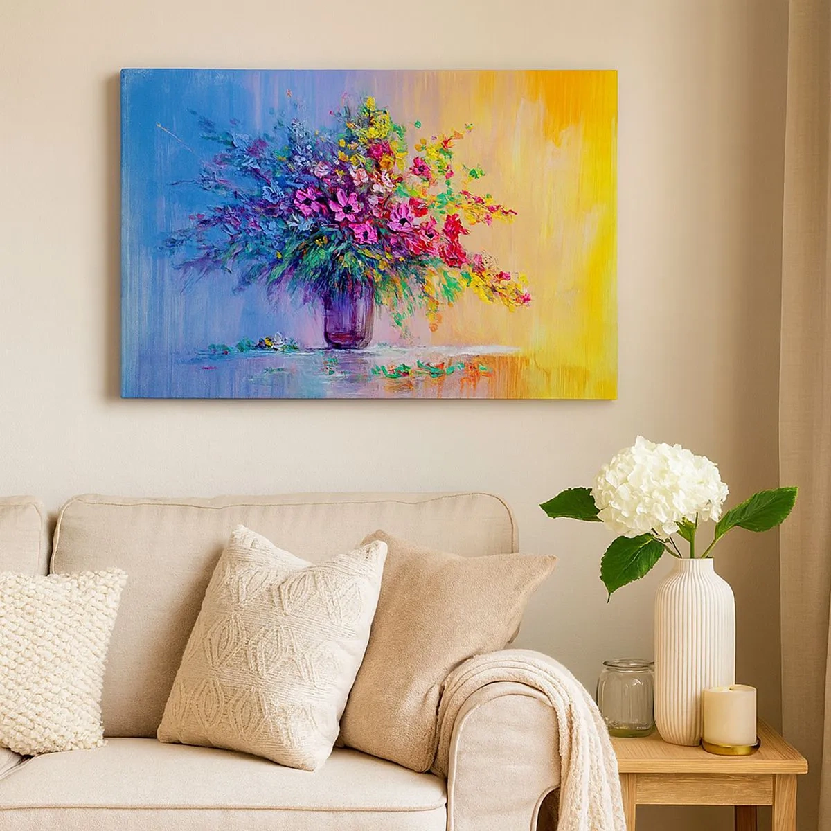 Canvastavla - Bild på duk - En färgglad blombukett i en vas mot en tonad bakgrund - 70x50cm - Sommarängens gåva - Modern väggdekoration för vardagsrum och sovrum ARTTOR