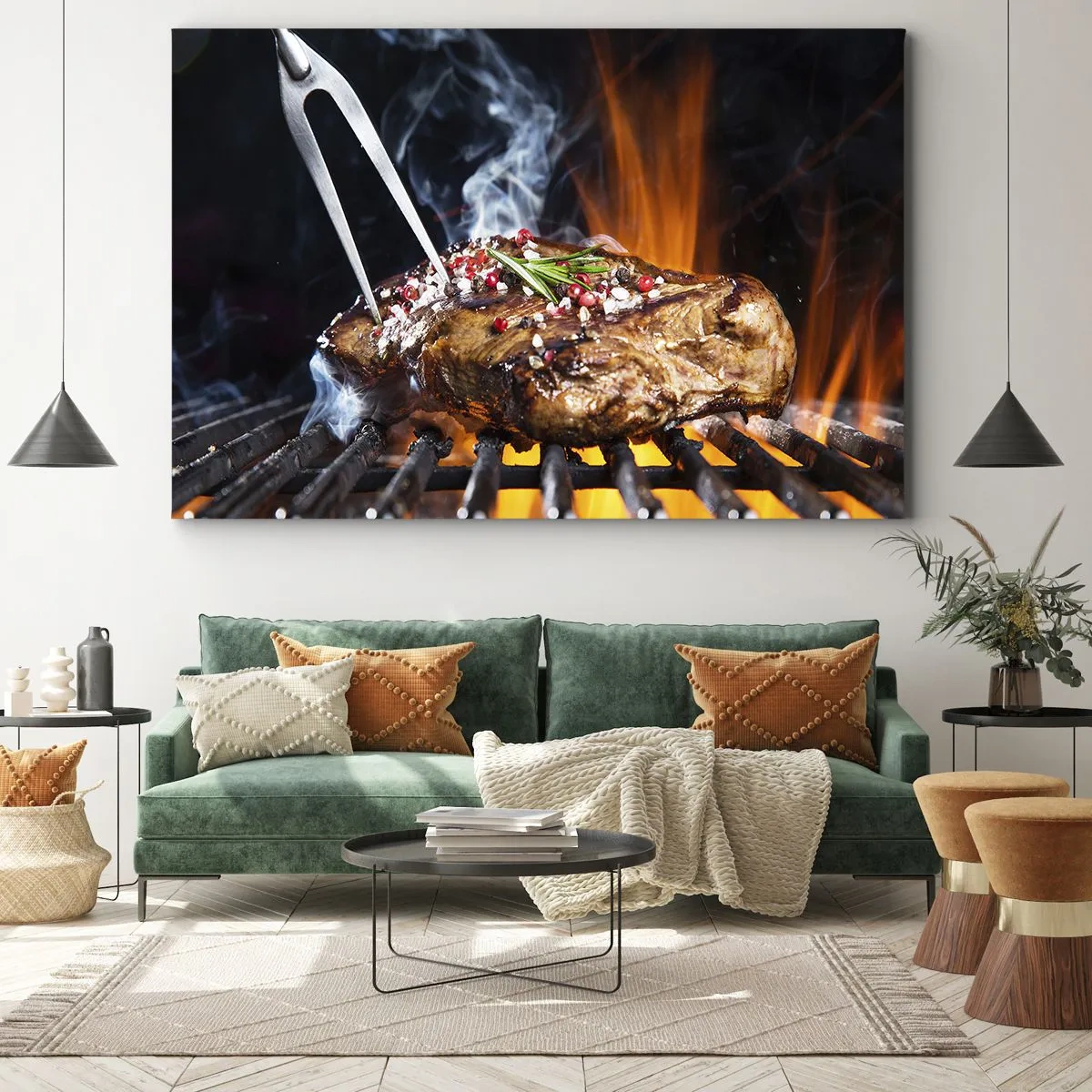 Canvastavla - Bild på duk - Grillad biff på grillen med kryddor - 70x50cm - Saftiga och doftande - Modern väggdekoration för vardagsrum och sovrum ARTTOR