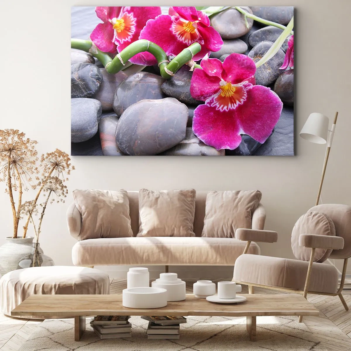 Canvastavla - Bild på duk - Rosa orkidéer mot en bakgrund av släta stenar - 70x50cm - Kyla och glöd - Modern väggdekoration för vardagsrum och sovrum ARTTOR