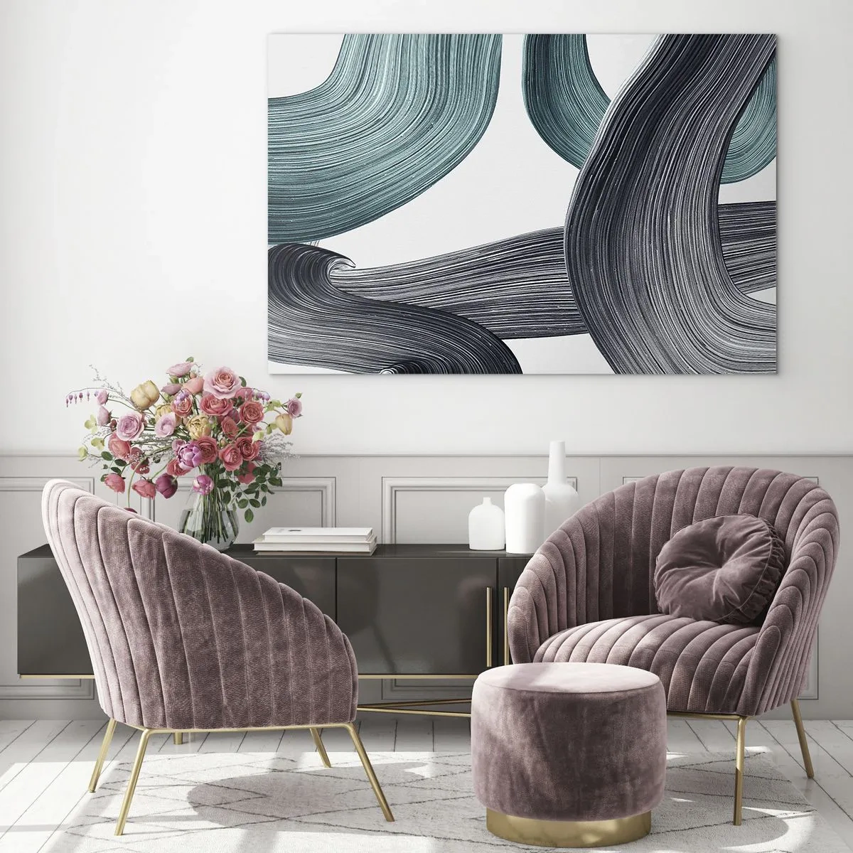 Glastavla - Bild på glas - Smaragd och svarta spår - 120x80 cm