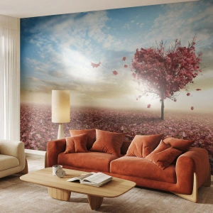 Fototapet Standard Eco - Ett hjärtformat träd mot ett höstlandskap - 100x70cm - Älska hösten, du också - Modern väggdekoration för vardagsrum och sovrum ARTTOR