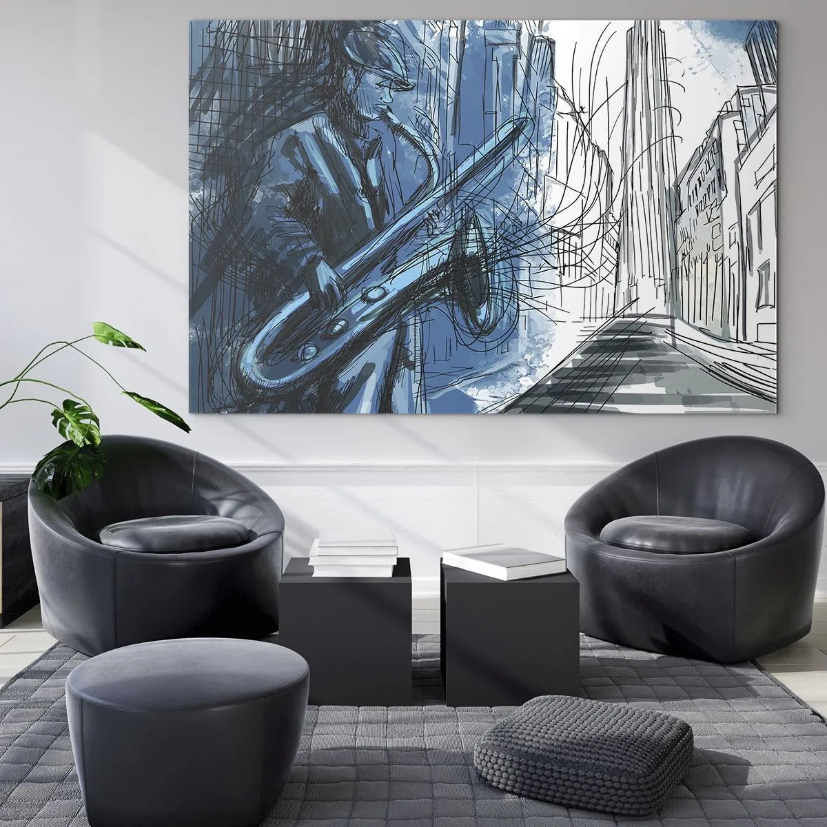 Glastavla - Bild på glas - Jazzsaxofonist i en blåfärgad urban miljö - 70x50cm - Stadsrapsodi - Modern väggdekoration för vardagsrum och sovrum ARTTOR