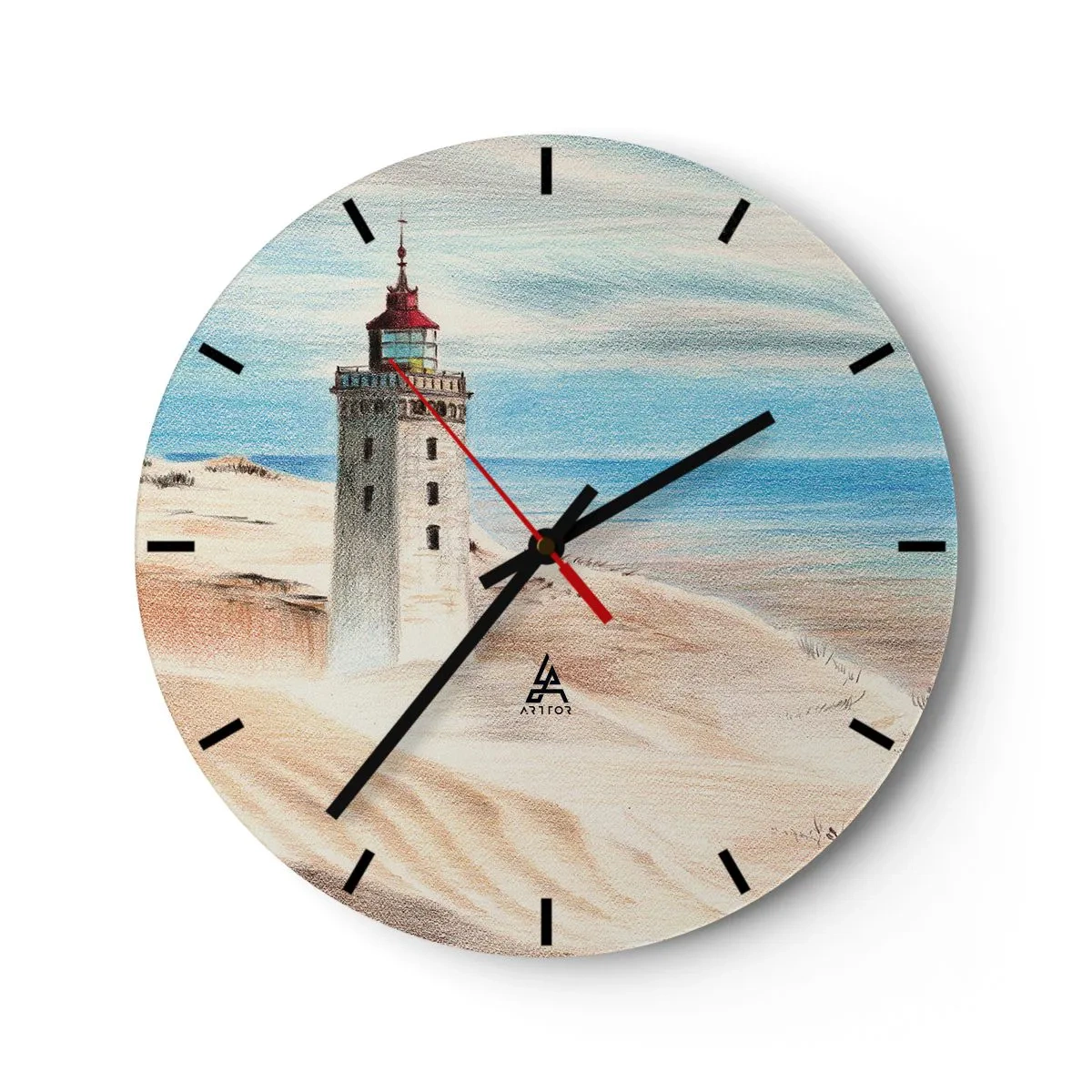 Väggklocka - Klocka på glas - En fyr på sanddynerna vid havet - 30x30cm - Tittar alltid i havet - Modern väggdekoration för vardagsrum, kök och sovrum ARTTOR
