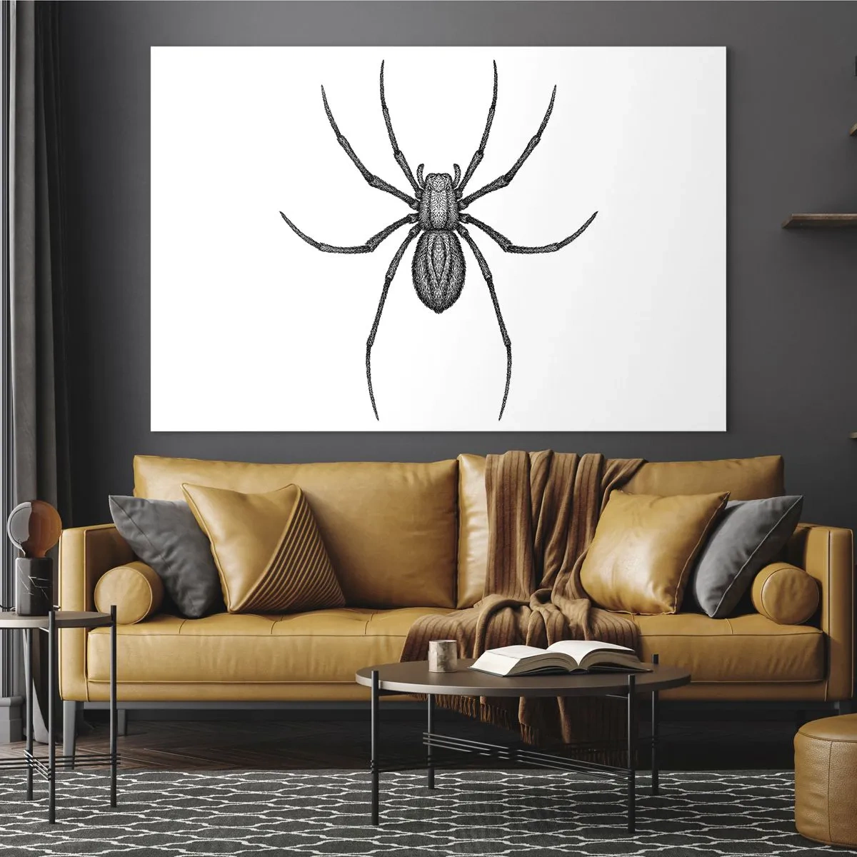 Glastavla - Bild på glas - Retrostilillustration av en svart spindel på en vit bakgrund - 70x50cm - Oroväckande precision - Modern väggdekoration för vardagsrum och sovrum ARTTOR