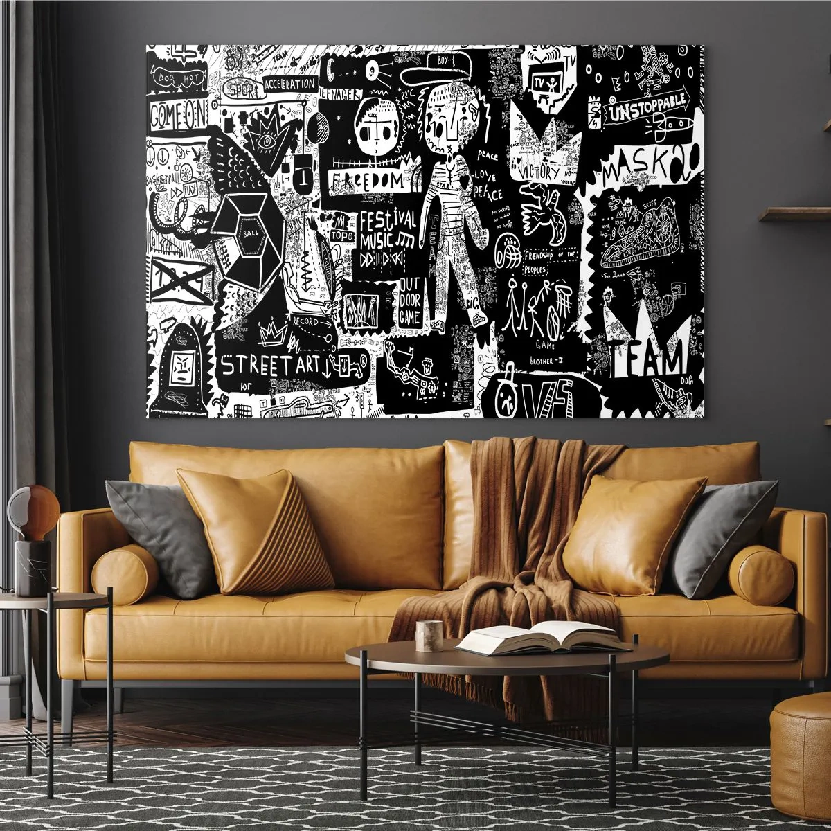 Glastavla - Bild på glas - Svartvit gatukonstgrafik med karaktärer och symboler - 70x50cm - Unga själens rättigheter och glädje - Modern väggdekoration för vardagsrum och sovrum ARTTOR