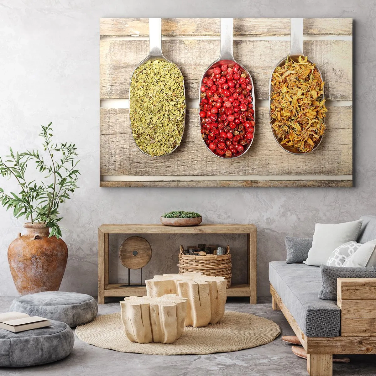 Canvastavla - Bild på duk - Tre metallskedar med kryddor på en träbakgrund - 70x50cm - Köksmagi - Modern väggdekoration för vardagsrum och sovrum ARTTOR