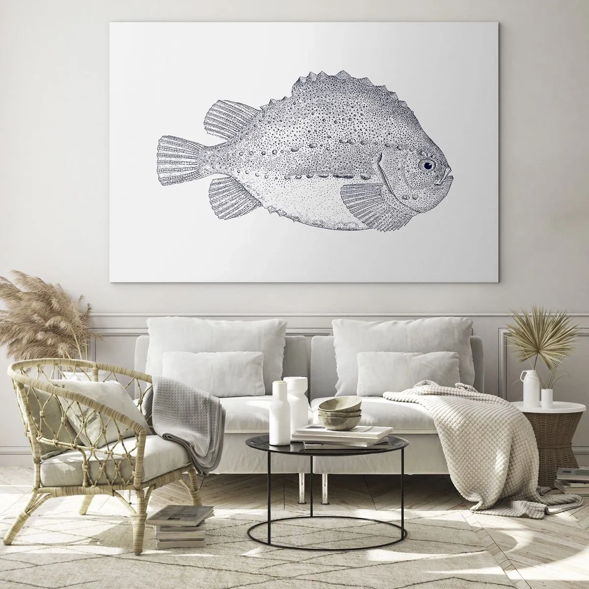 Glastavla - Bild på glas - Detaljerad gravyr av en fisk på vit bakgrund i naturstil - 70x50cm - Till naturforskarens album - Modern väggdekoration för vardagsrum och sovrum ARTTOR