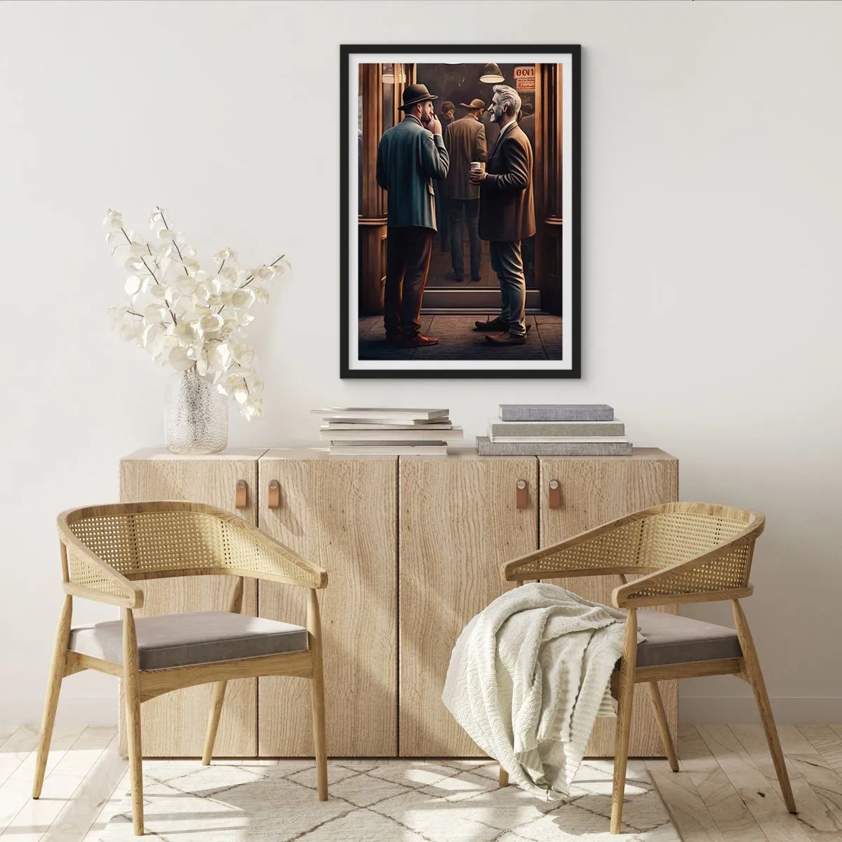 Affisch i svart ram - Två eleganta män pratar framför ett kafé - 50x70cm - En bra stund på dagen - Modern väggdekoration för vardagsrum och sovrum ARTTOR
