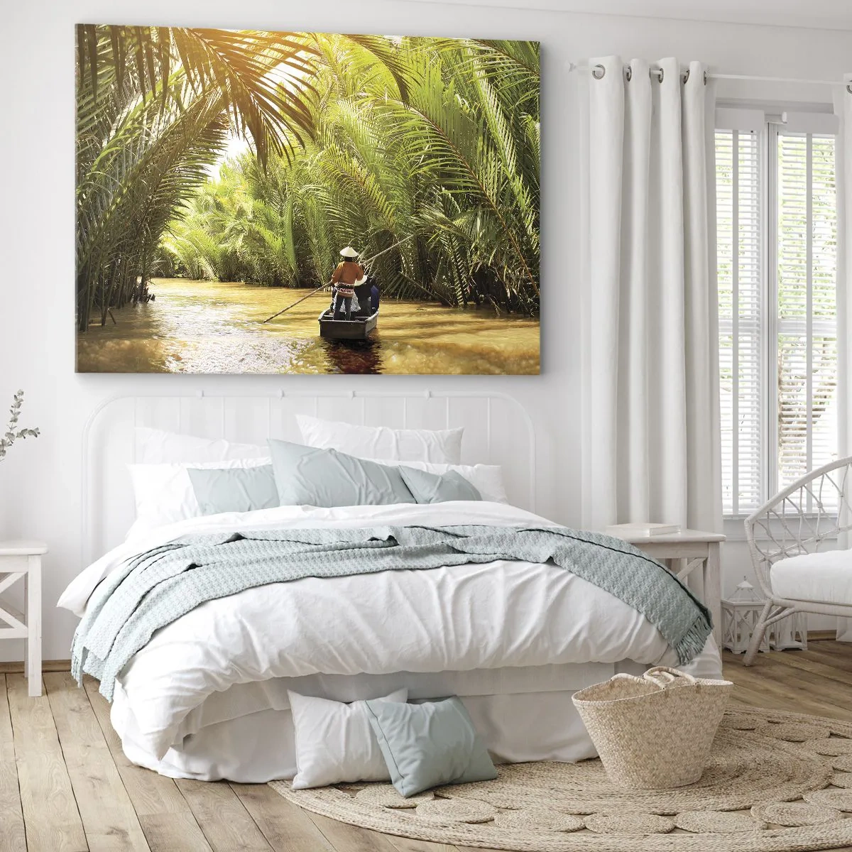 Canvastavla - Bild på duk - En båt på en flod omgiven av tropisk vegetation - 70x50cm - Genom en palmravin - Modern väggdekoration för vardagsrum och sovrum ARTTOR