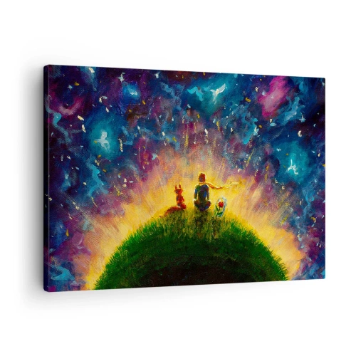 Canvastavla - Bild på duk - Figurer på en grön kulle omgiven av en stjärnklar himmel - 70x50cm - Kärlek och vänskap - hela världen - Modern väggdekoration för vardagsrum och sovrum ARTTOR