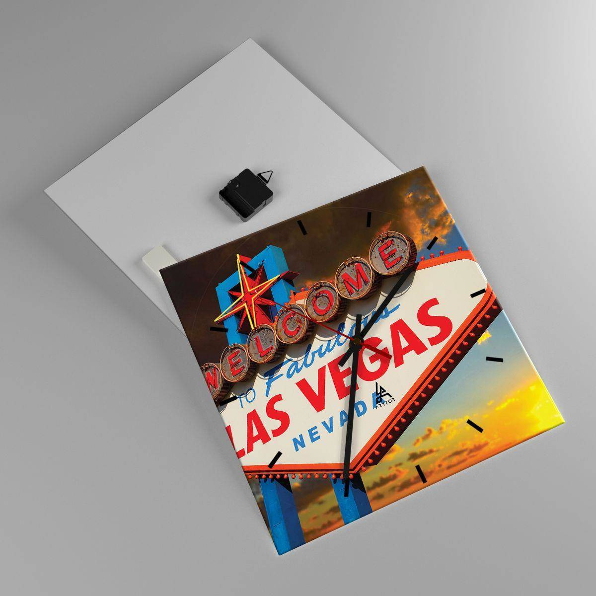 Väggklocka, Klocka Arttor 40x40 cm - Hjälpa lyckan - Resor, Las Vegas, Stad, Usa, Nevada, Kvadrat, Urtavla sträck, Till vardagsrum, Till sovrum, Röd, Blå, C3AC40x40-2594