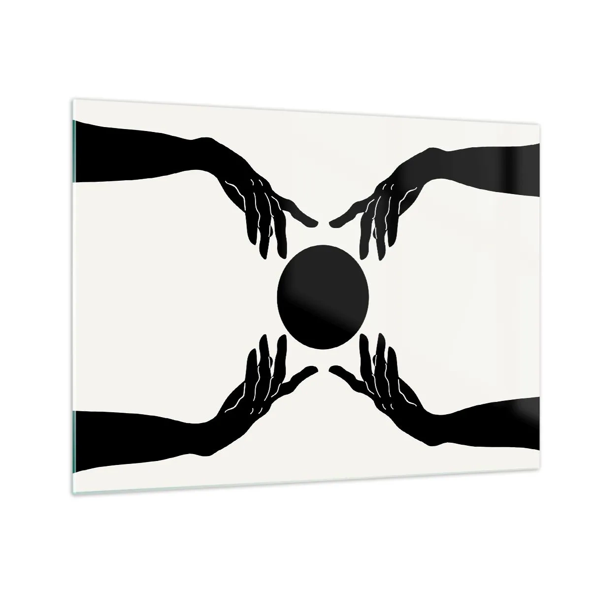 Glastavla - Bild på glas - Svarta händer runt en svart cirkel mot en ljus bakgrund - 70x50cm - Ett hemligt tecken - Modern väggdekoration för vardagsrum och sovrum ARTTOR