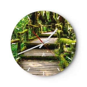 Väggklocka - Klocka på glas - En trästig i en tropisk skog täckt med mossa - 30x30cm - Grön korridor - Modern väggdekoration för vardagsrum, kök och sovrum ARTTOR