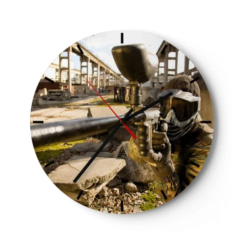 Väggklocka - Klocka på glas - Paintball i industriell miljö - 30x30cm - Du kan också bli hjälte - Modern väggdekoration för vardagsrum, kök och sovrum ARTTOR