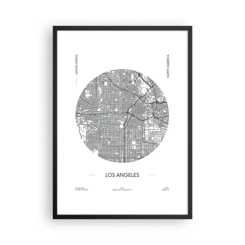 Affisch i svart ram - En minimalistisk karta över Los Angeles i svartvitt. - 50x70cm - Los Angeles anatomi - Modern väggdekoration för vardagsrum och sovrum ARTTOR