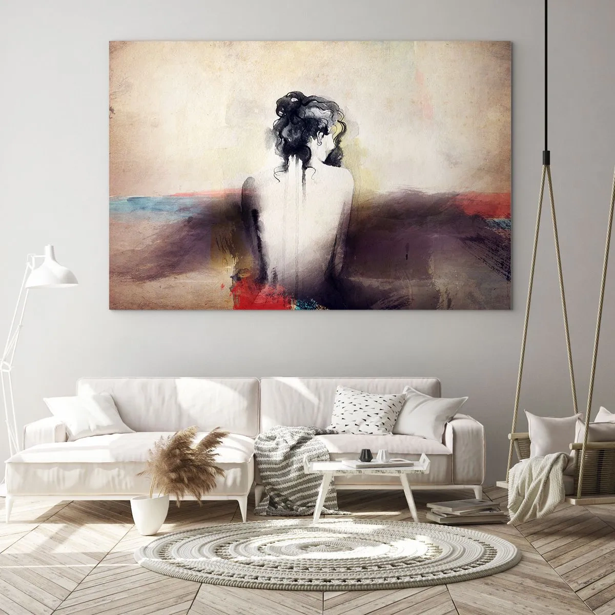 Glastavla - Bild på glas - Ett subtilt porträtt av en kvinna mot en pastellfärgad landskapsbakgrund. - 70x50cm - Moderata linjer, ovala former - Modern väggdekoration för vardagsrum och sovrum ARTTOR