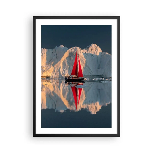 Affisch i svart ram - Det röda seglet på en båt mot bakgrund av glaciärer och lugnt vatten - 50x70cm - I världens ände - Modern väggdekoration för vardagsrum och sovrum ARTTOR