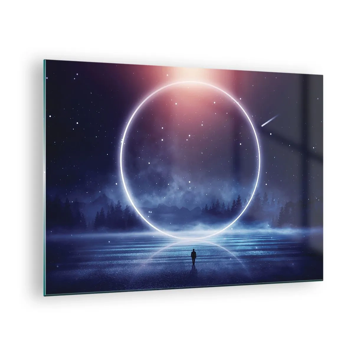Glastavla - Bild på glas - En cirkel av ljus över sjön bland natthimlen och skogen - 70x50cm - De finns redan här... - Modern väggdekoration för vardagsrum och sovrum ARTTOR