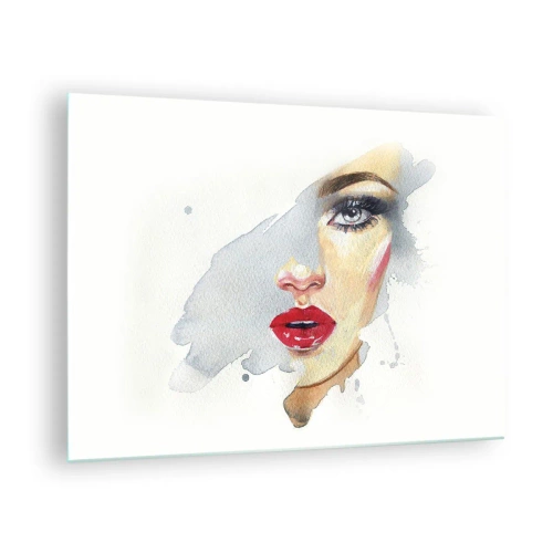 Glastavla - Bild på glas - Akvarellporträtt av en kvinna med röda läppar - 70x50cm - Reflektion i vattendroppe - Modern väggdekoration för vardagsrum och sovrum ARTTOR