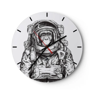 Väggklocka - Klocka på glas - En svartvit skiss av en apa-astronaut. - 30x30cm - Alternativ evolution - Modern väggdekoration för vardagsrum, kök och sovrum ARTTOR