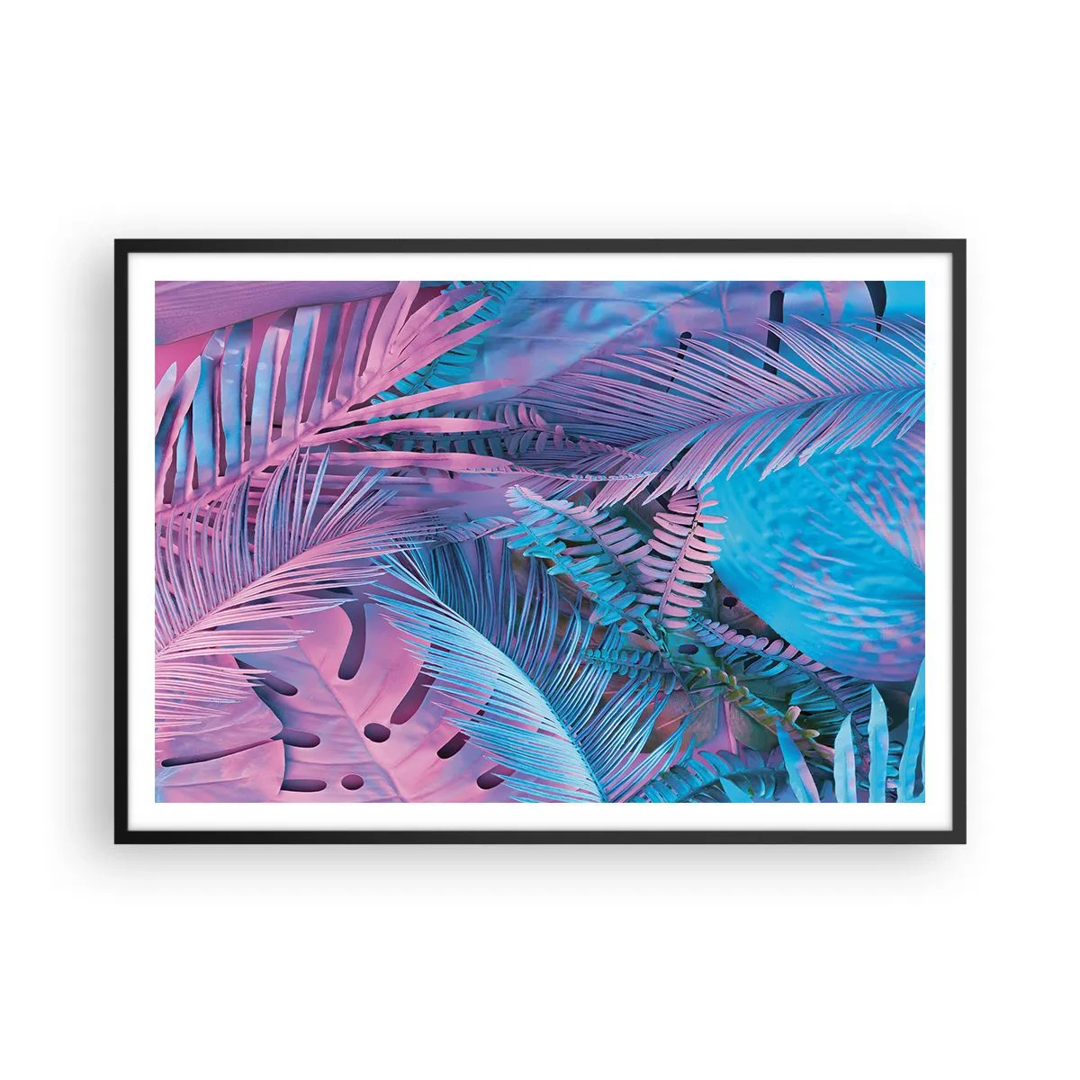 Affisch i svart ram - Tropiken i rosa och blått - 100x70 cm