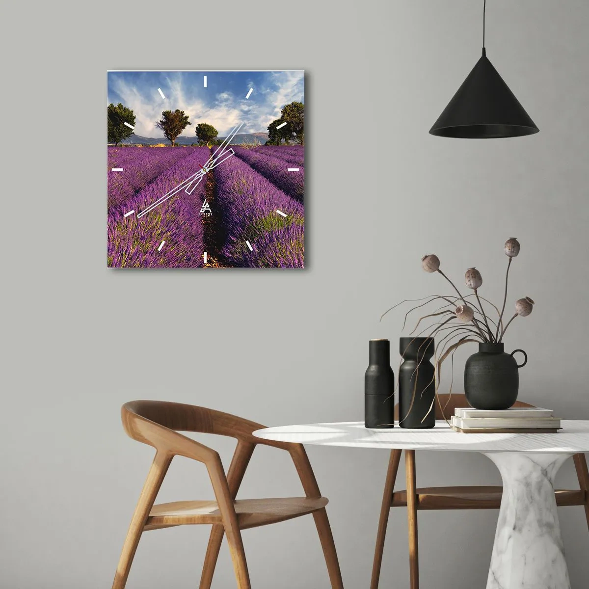 Väggklocka - Klocka på glas - Lavendelrader - 40x40 cm
