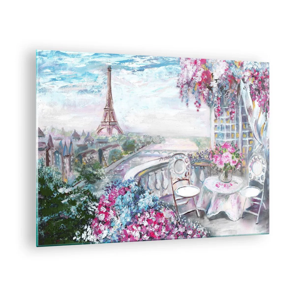 Glastavla - Bild på glas - Illustration av en vy över Eiffeltornet med en balkong full av blommor - 70x50cm - Här är vackrast i maj - Modern väggdekoration för vardagsrum och sovrum ARTTOR