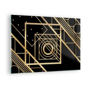 Glastavla - Bild på glas - Gyllene geometriska mönster på svart bakgrund - 70x50cm - Gyllene geometri - Modern väggdekoration för vardagsrum och sovrum ARTTOR