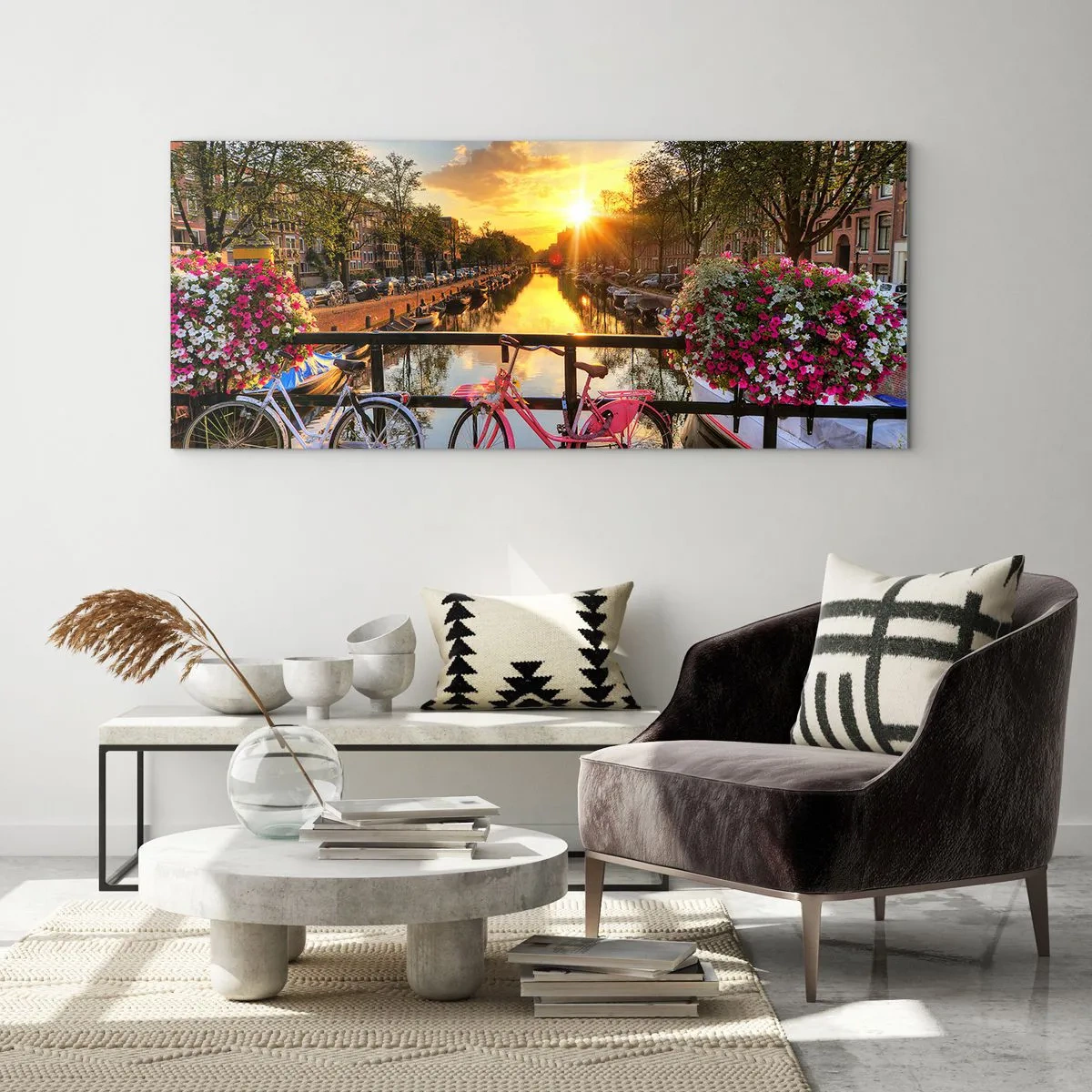 Glastavla - Bild på glas - Vårmorgon i Amsterdam - 100x40 cm