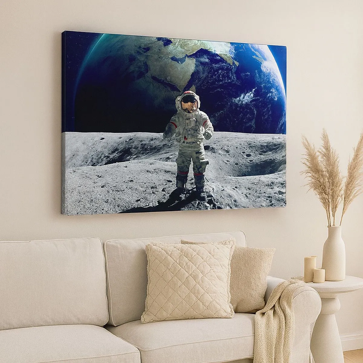 Canvastavla - Bild på duk - Astronaut på månens yta med jorden i bakgrunden - 70x50cm - Hälsningar från månen - Modern väggdekoration för vardagsrum och sovrum ARTTOR
