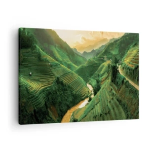 Canvastavla - Bild på duk - Pittoreska risterrasser i en grön dal upplyst av den nedgående solen - 70x50cm - Vietnamesisk dal - Modern väggdekoration för vardagsrum och sovrum ARTTOR