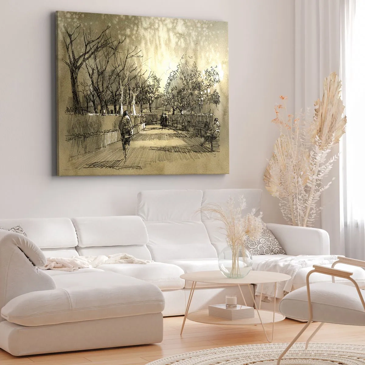 Canvastavla - Bild på duk - En tecknad scen av en park med människor som går i varma toner. - 70x50cm - En stund fångad med penna - Modern väggdekoration för vardagsrum och sovrum ARTTOR